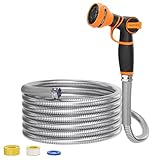 Giraffe Tools Garden Hose 50ft x 3/4", 304 Stainless Steel Metal Water Hose, No Kink Garden Water Hose with 9 Pattern Spray Nozzle, Flexible, Lightweight, Kink Free Hose for Yard, Outdoor