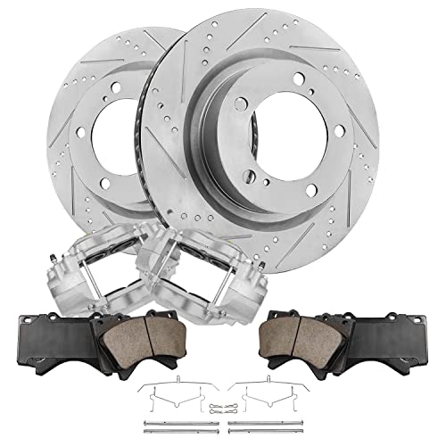 Image of Detroit Axle - Front Brake Kit for Toyota 2008-2016 Sequoia 2007-2016 | Tundra Drilled & Slotted Brake Rotors Brake Calipers w /Brackets Ceramic Brake Pads 2009 2010 2011 2012 2013 2014 2015