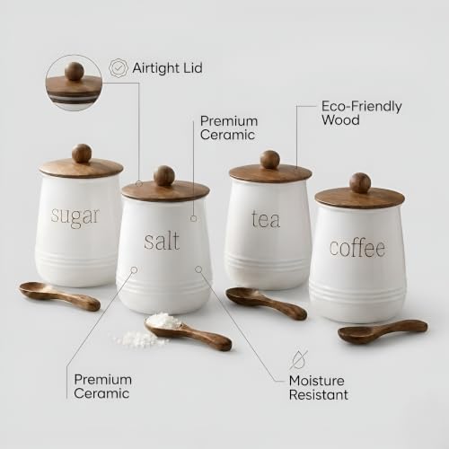 Image of Stylish Airtight Container for Kitchen, Tea Coffee Sugar Salt Storage, Metal with Wooden Lid & Spoon, 1000ml, Canister for Kitchen Counter top | Food-Safe Jar Set-4 (Tea Coffee Sugar & Salt)