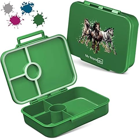 My Vesperbox Bia - Bento Box Children's 100% Leak-proof & BPA Free - Extremely Robust - Lunch Box - Ideal for Nursery and School (Green - Horses) Cover