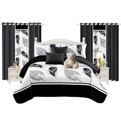 Hercastlè 9 pcs King Bed in a Bag with Curtains | 1 Bedspread, 2 Pillowcases, 2 Print & 4 Solid Curtains | Microfiber Monochrome Nature | Fade-Resistant | Comforter Sets with Matching Curtains