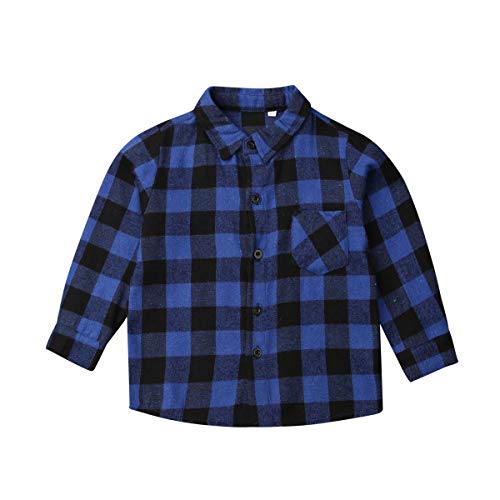 Kids Little Boys Girls Baby Long Sleeve Button Down Red Plaid Flannel Shirt Plaid Tops NB-6T (Blue, 9-12 Months)