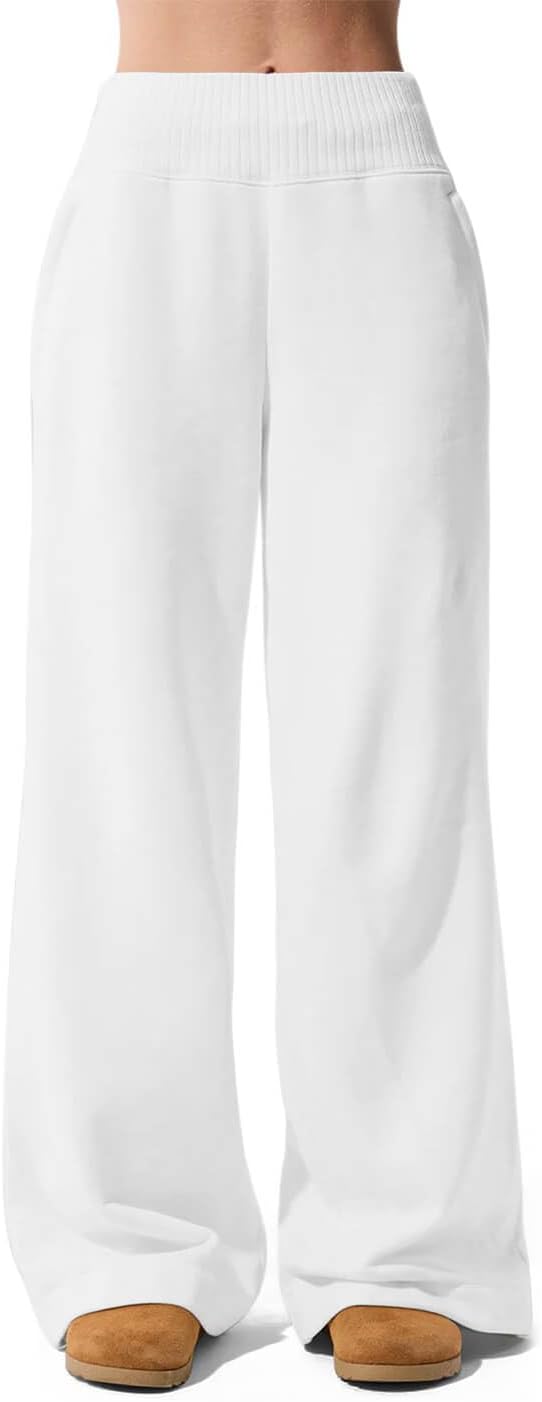 HeSaYep Womens Wide Leg Sweatpants 2025 Ribbed High Waist Straight Leg Baggy Sweat Pants with 4 Pockets