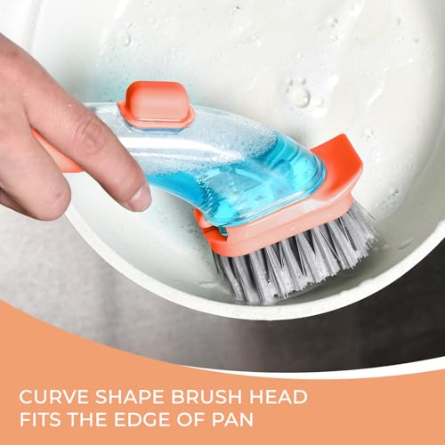 Image of dishwashing Brush with Handle, Scratch-Free dishwashing Brush, Plate Brush, soap Dispenser, Kitchen Tableware, Pot, Sink Cleaning Set (Orange)