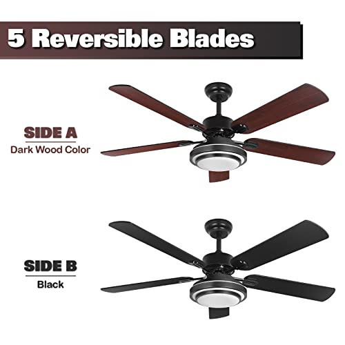 Image of hykolity 52 Inch Ceiling Fans with Lights (Integrated LED) Remote Control, Reversible Motor and Blades, ETL Listed, for Patio Living Room, Bedroom, Office - Black (5-Blades)