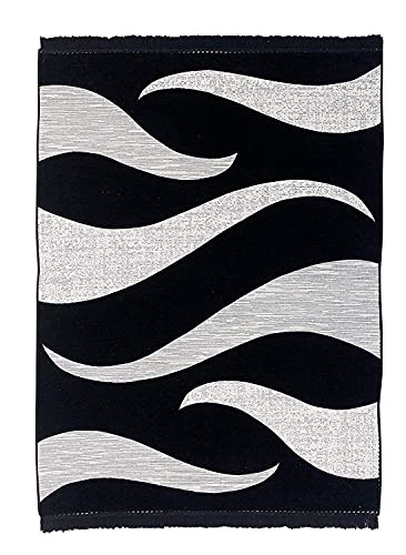 Image of Wave Design Rectangular Chenille Carpet, Black, 5X7 Feet