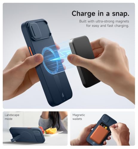 Image of SURITCH for iPhone 14 Plus /15 Plus Case with Magnetic Camera Slide Cover and Adjustable Kickstand, Compatible with MagSafe, Shockproof Bumper Case Slim Protective Cover 6.7 Inch, Blue