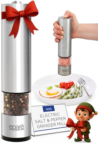 Electric Salt or Pepper Grinder - Battery Operated Ceramic Burr Peppermill Shaker - Automatic Stainless Steel Grinders - Mill With LED Light by Eparé
