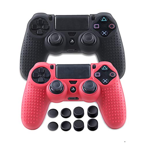 Silicone Skin for Playstation 4 - PS4 Controller Grip Anti-Slip Cover Protector Case for Sony Games, Slim, Pro - 2 Pack PS4 Controller Cover - 4 Pairs PS4 Thumb Grips - Black & Red