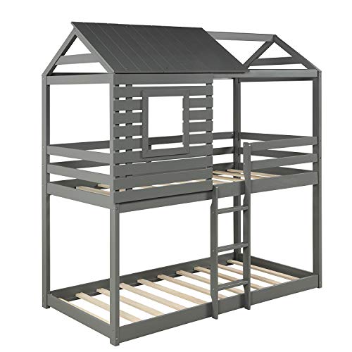House Bunk beds,Twin Over Twin Bunk Beds with Roof and Guard Rail Ladder for Kids,Toddlers,Wood Loft Bed,No Box Spring Needed (Gray)