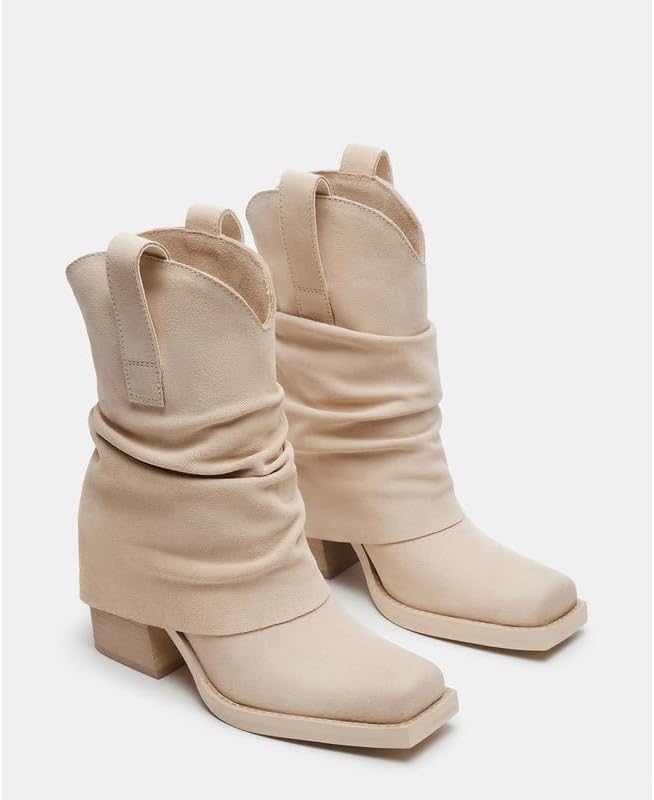 Suede Fold over Boots Square Toe Chunky Block Heel Mid Calf Boots Pull on Cowboy Cowgirl Western Slouchy Ankle Booties - Image 4