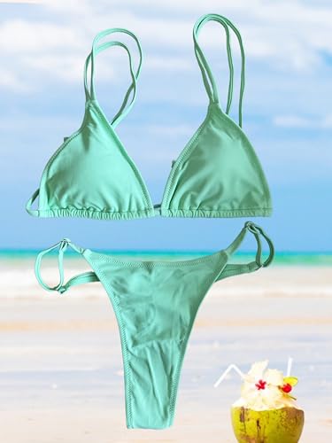 Image of Women's Sexy Thong Bottom Two Piece Bikini Double Shoulder Straps Cute Swimsuit Triangle Bathing Suit