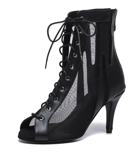Image of Dance Practice Shoes for Women Mesh Ballroom Sandals Heels Party Prom Ankle Booties with Zip