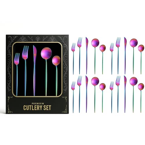 Image of aDai Korean Premium 20 Piece Stainless Steel Cutlery Set | Modern Flatware for Dining | Elegant Gift Box for Everyday Use (Rainbow)