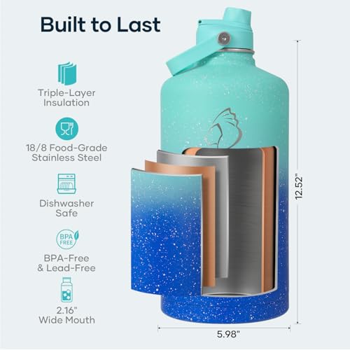 Image of BUZIO 1 Gallon Water Bottle Insulated with Dust-Proof Straw & Spout Lids