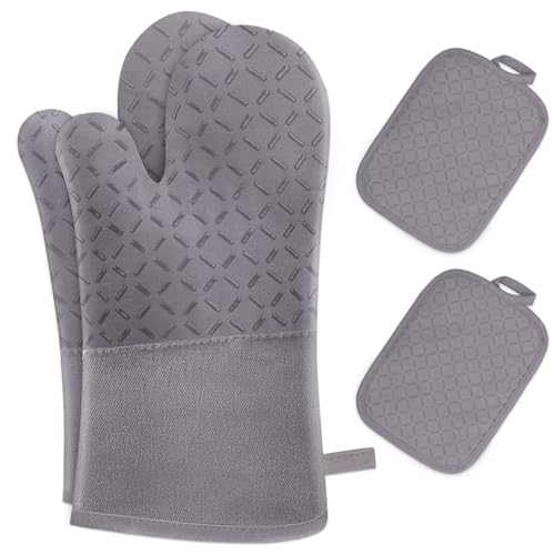 Milcea Manoplas Horno y Almohadillas Aislantes Juego De 4 - Resistentes Al Calor De 300°c, Antideslizantes Guantes Horno Silicona, Algodón Suave, Largo y Flexible Guantes para Horno, Gris
