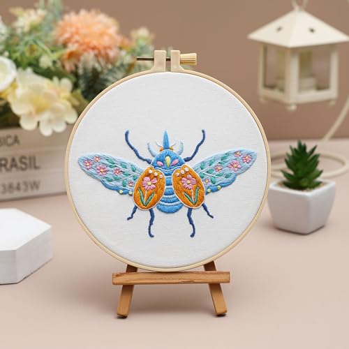 Image of Louise Maelys 3 Sets Beetle Embroidery Kits for Beginners,Cross Stitch Kit for Adults,DIY Needlepoint for Starters Including Flowers Pattern, Hoop,Instruction and Threads