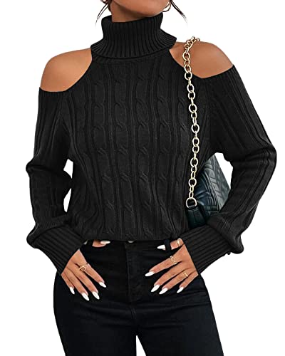 Langwyqu Womens Cold Shoulder Turtleneck Sweaters 2025 Fall Long Sleeve Soft Cable Knit Pullovers Sexy Jumper Tops