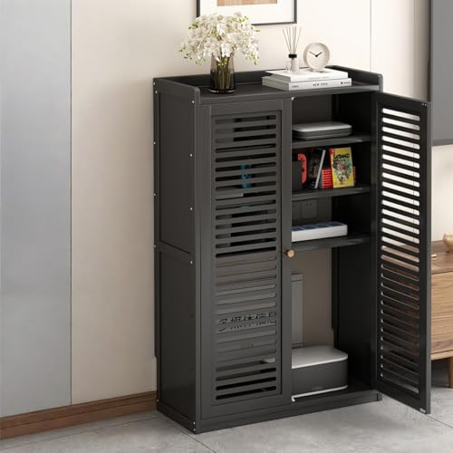 MiluFox ルーター 収納ボックス 木製 配線 隠す コンセント コード 整理 スリム 通気性 ドア付き オフィス リビング エントランス ワイヤレス LAN 据え置き ノードリル 設置簡単 ほこり防止 モダン (大サイズ97cmA,ブラック)