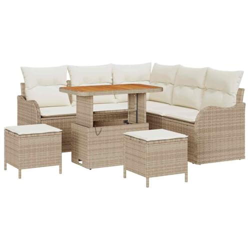 vidaXL 8-teiliges Gartensofa-Set mit Kissen in Beige aus Poly-Rattan, 5-Sitzer, wetterfestes Outdoor-Sitzmöbel, verstellbare Armlehnen und Stauraum, modulare Couch für Terrasse, Patio oder Al Fresco.