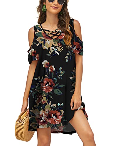 Image of Bluetime Women Cold Shoulder Summer Dress Short Sleeve Beach Casual Loose Swing Dress