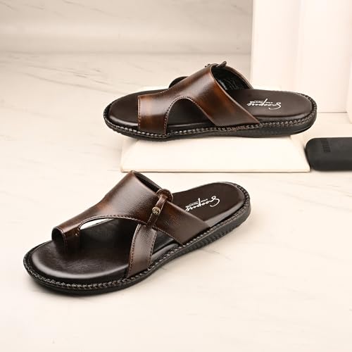 Image of Men's Leather Look Stylish Slippers with Toe Ring for Diwali, Festive & Ethnic Wear | Premium Synthetic Leather Chappals with Cushioned Footbed & Durable Anti-Slip Sole