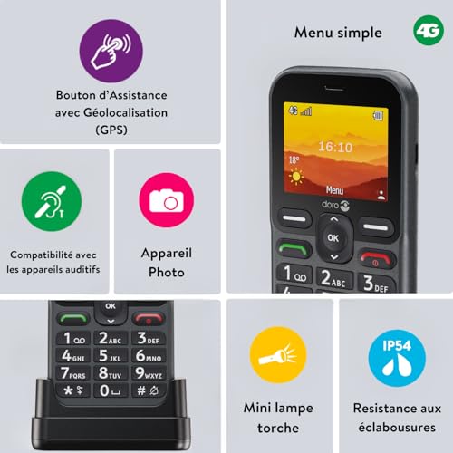Doro - Leva L10 - Téléphone Portable Senior - Téléphone 4G Débloqué - Grand Écran - Son HD Puissant - Appareil Photo - Touche d'Assistance avec GPS - Socle Chargeur Inclus - Graphite