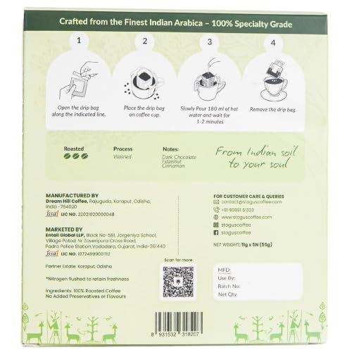 Image of STOGUS Coffee | Monsoon Magic | Pour Over Drip Bags | 100% Arabica Beans | Pack of 5 (11g x 5) | Dark Roast | Dark Chocolate, Toasted Hazelnut, Cinnamon