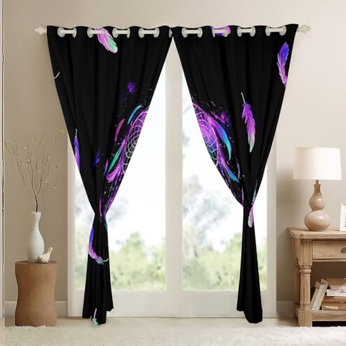 Homemissing Dreamcatcher Curtains (2 Panels,W52*L63) For Bedroom Kids Girls Boys Boho Dream Catcher Decor Window Curtain Feather Print 30%-50% Blackout Curtains Bird Feathers Element Window Treatments - Image 4