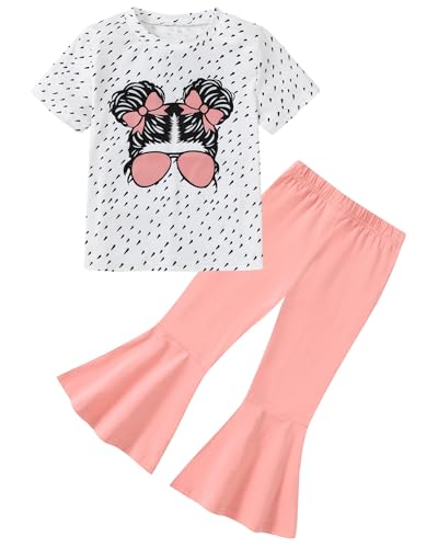 Image of CARETOO Girls Summer Outfit Poster Girl Matching Sister 2pcs Sets Printed t-Shirt + Flare Leg Pants For 3-10 Years
