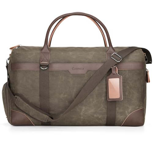 Gonex Reisetasche aus gewachstem Segeltuch, wasserabweisend, Vintage, 55 l, mit Schuhfach und Gepäckanhänger, robuste Übernachtungstasche mit Koffergriffhülle für Herren, Grün (Army Green), Large-55L