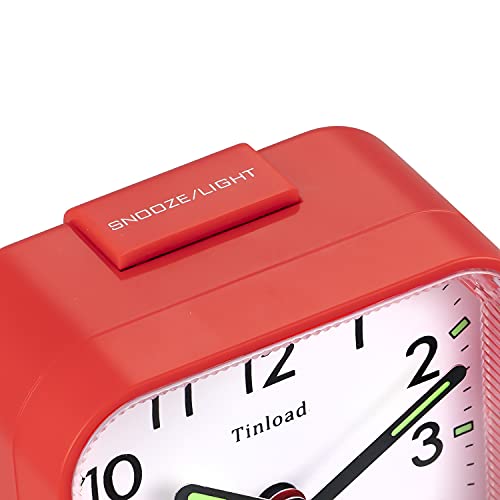 Tinload Small Battery Operated Analog Alarm Clock Silent Non Ticking, Ascending Beep Sounds, Snooze,Light Functions (red)