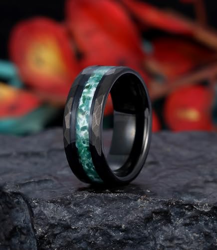 Hammered 8mm Black Gold Plated Tungsten Mens Wedding Bands Ring with Amethyst/Moss Agate/Emerald/Citrine/Aquamarine Option, Gothic Birthstone Tungsten Carbide Unique Daily Wear Promise Rings for Him Size 7-142