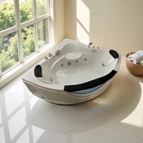 Gejok Corner Whirlpool Tub, 59"x59" Jetted Bathtub with 6 Hydro Jets & Chromatherapy, UL/UPC Certified, 110V Home Spa Tub,Milk White