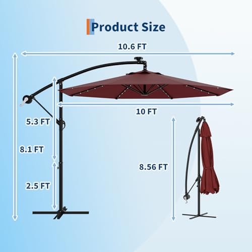 10FT Solar Lights Cantilever Umbrella outdoor patio, Offset Patio Umbrella with Easy Lift & Tilt Adjustment, UV Protection Fade Resistant for Deck, Pool, Garden, Burgundy