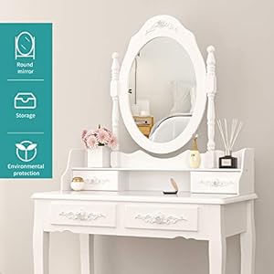 Vanity table set makeup table with oval mirror stool bedroom wood dressing table with 4 drawers white  urban country home decor