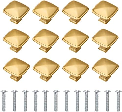 12 Pieces Gold knobs for Cabinet Drawers, Brass Door Handles Furniture knobs Door Pulls for Wardrobes Kitchen Cupboard Bathroom with Screw Bolts, Square Shape, Zinc Alloy