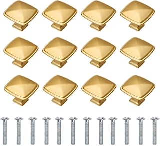 12 Pieces Gold knobs for Cabinet Drawers, Brass Door Handles Furniture knobs Door Pulls for Wardrobes Kitchen Cupboard Bathroom with Screw Bolts, Square Shape, Zinc Alloy