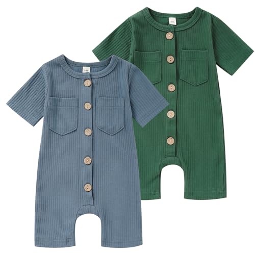 Image of TITKKOP Newborn Baby Boy Girl Clothes 2 Pack Solid Romper Short Sleeve One-Piece Jumpsuits Outfits Sets
