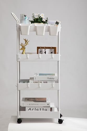 Image of danpinera 4 Tier Slim Rolling Storage Cart for Kitchen, Office, Bedroom (White)