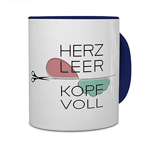 printplanet Tasse mit Spruch: Herz Leer - Kopf Voll - Kaffeebecher, Mug, Becher, Kaffeetasse - Farbe Blau