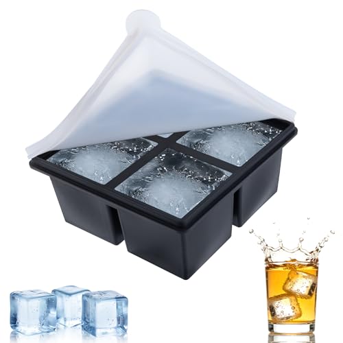 FACHOI Large Ice Cube Moulds with Lid Big Silicone Ice Trays for Freezer BPA Free and Easy Release Perfect for Chilled Drinks Freezer Food Whiskey and Cocktail Juice Coffee (Black-4 Square)