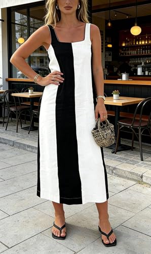 Image of CHARTOU Women Summer Sleeveless Linen Dress Contrast Color Maxi Long Beach Vacation Tank Dress