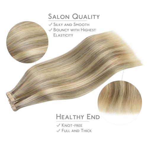 Image of WENNALIFE Tape in Hair Extensions Human Hair, 40pcs 100g 16 inch Ash Brown with Platinum Blonde Highlights Hair Extensions Real Human Hair Straight Tape in Extensions Invisible Human Hair Extensions