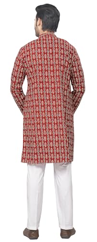Image of Studio Shringaar Men 100% Cotton Relaxed Fit Block Printed Knee Length Kurta (187)