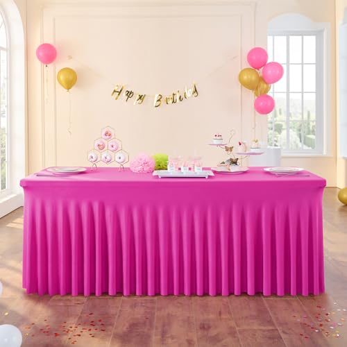 Image of 3 Pack Hot Pink Spandex Tablecloth for 6 Foot Rectangle Tables, Wrinkle Free Fitted Table Cloth Cover 6ft Fuchsia Stretchy Tablecloths with Skirt for Parties Weddings Birthday Banquet Baby Shower