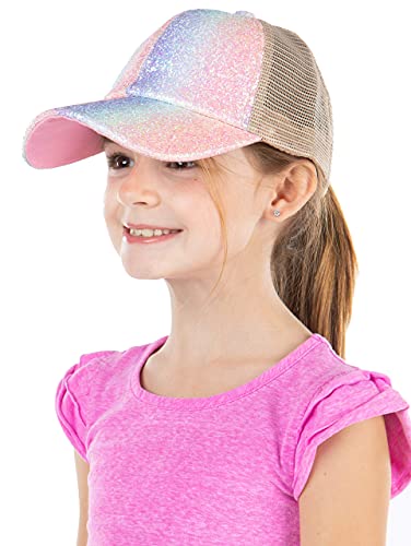 Image of Funky Junque Girl's Criss Cross Hat Messy Bun High Ponytail Kids Baseball Cap