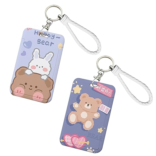 FGISAR 2 Pcs Kpop Photocard Holder Keychain With Cute Bear Bunny ID Badge Holder and Reel - Stationery for Back to School Student Bus Card Pendant (Blue)