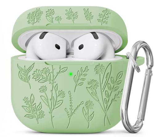 Image of Meyaar Silicone Case for AirPods 4 Floral Embossed, Flower Engraved Soft Silicone Cover with Keychain, Anti-Scratch, Shockproof Protective Case Cover (Pistachio Green, for AirPods 4 (2024)