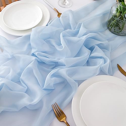 CHUQING Chiffon Tischläufer Hochzeit Tischdeko Stoff Tischdecke Hellblau – Ansicht 2